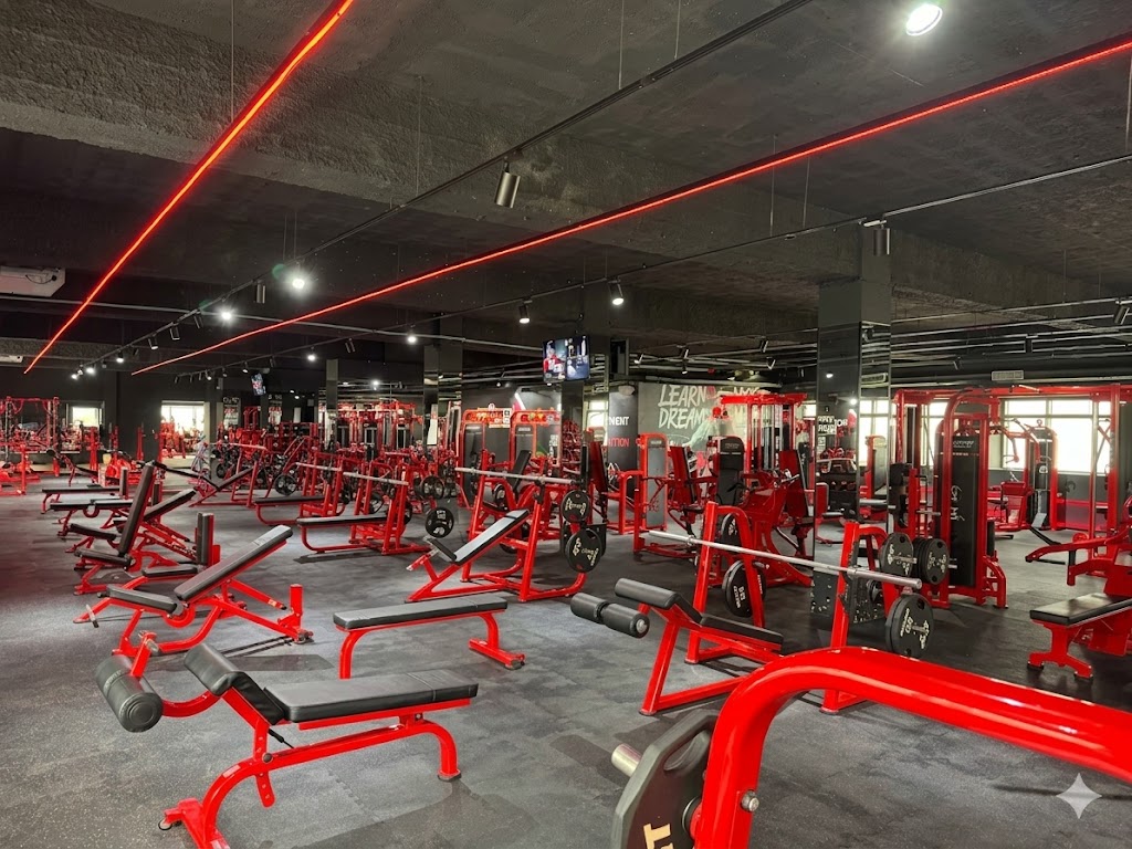 Salle musculation — racks et bancs rouges